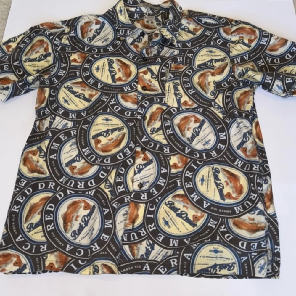 Columbia Shirt Men's XL American Red Drum Fish All Over River Lodge Amber Ale